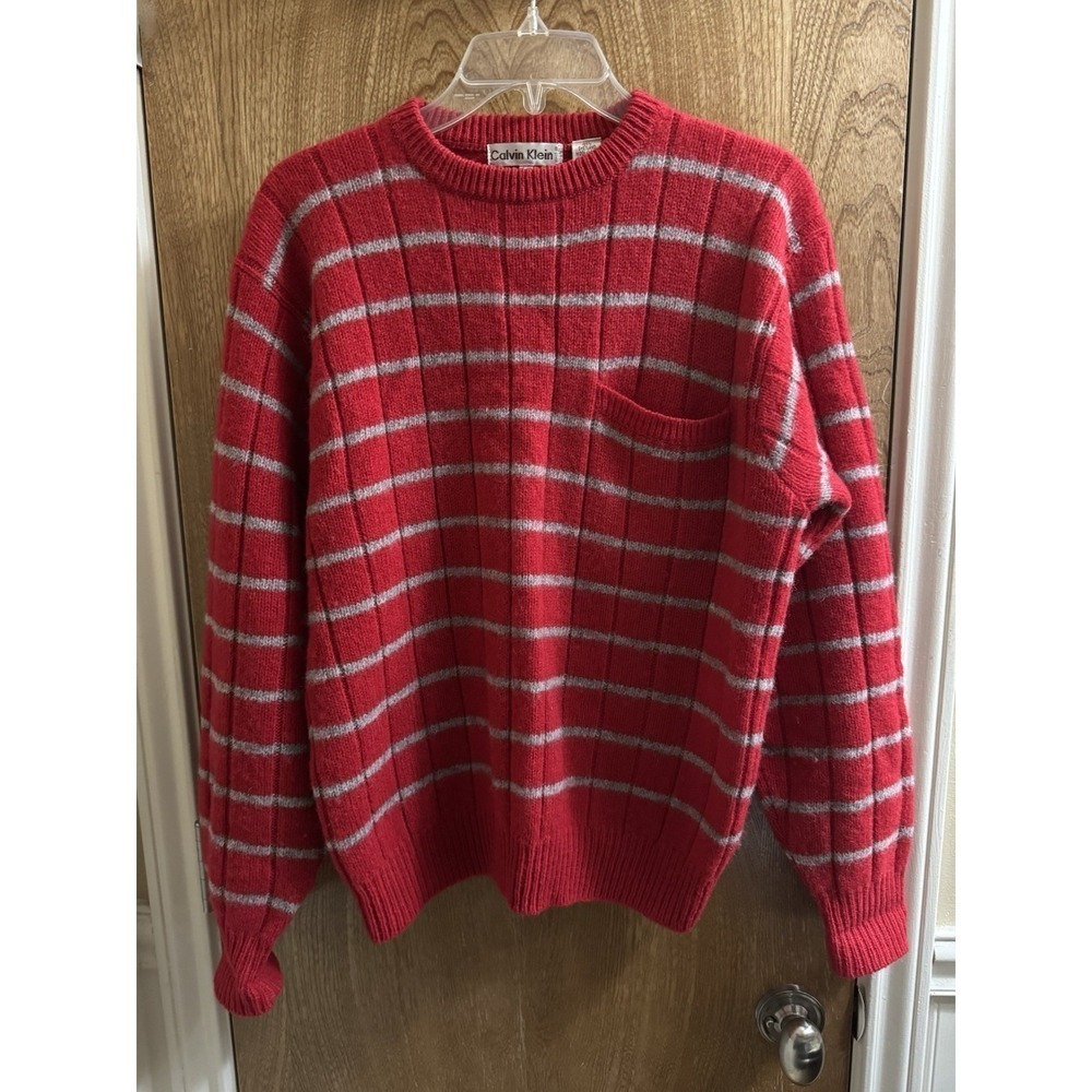 Vintage Calvin Klein Shetland Wool V-Neck Red Stripe Grandpa Sweater M 80s 90s